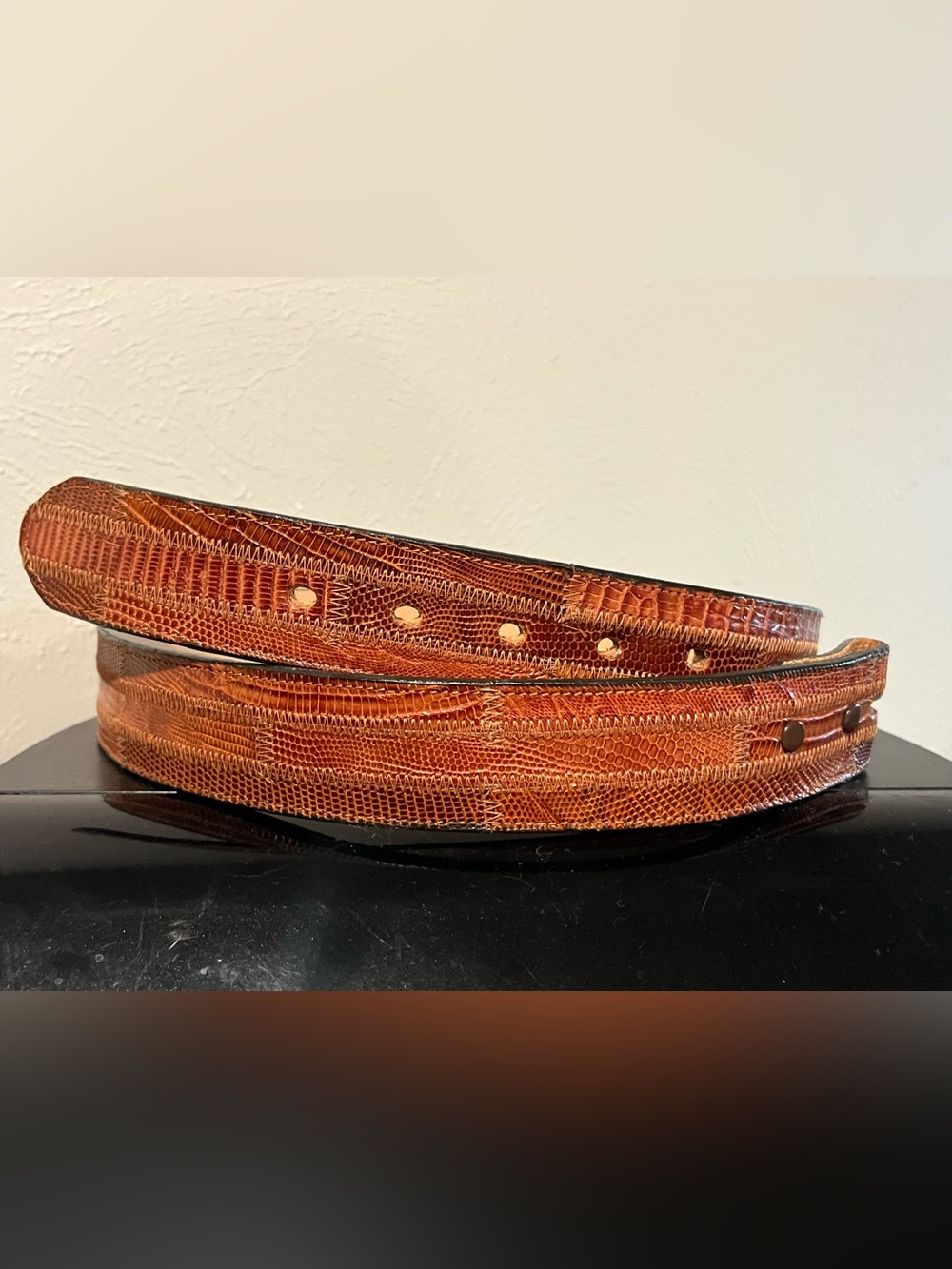 Tony Lama Embossed Lizard-Texture Leather Belt in Cognac